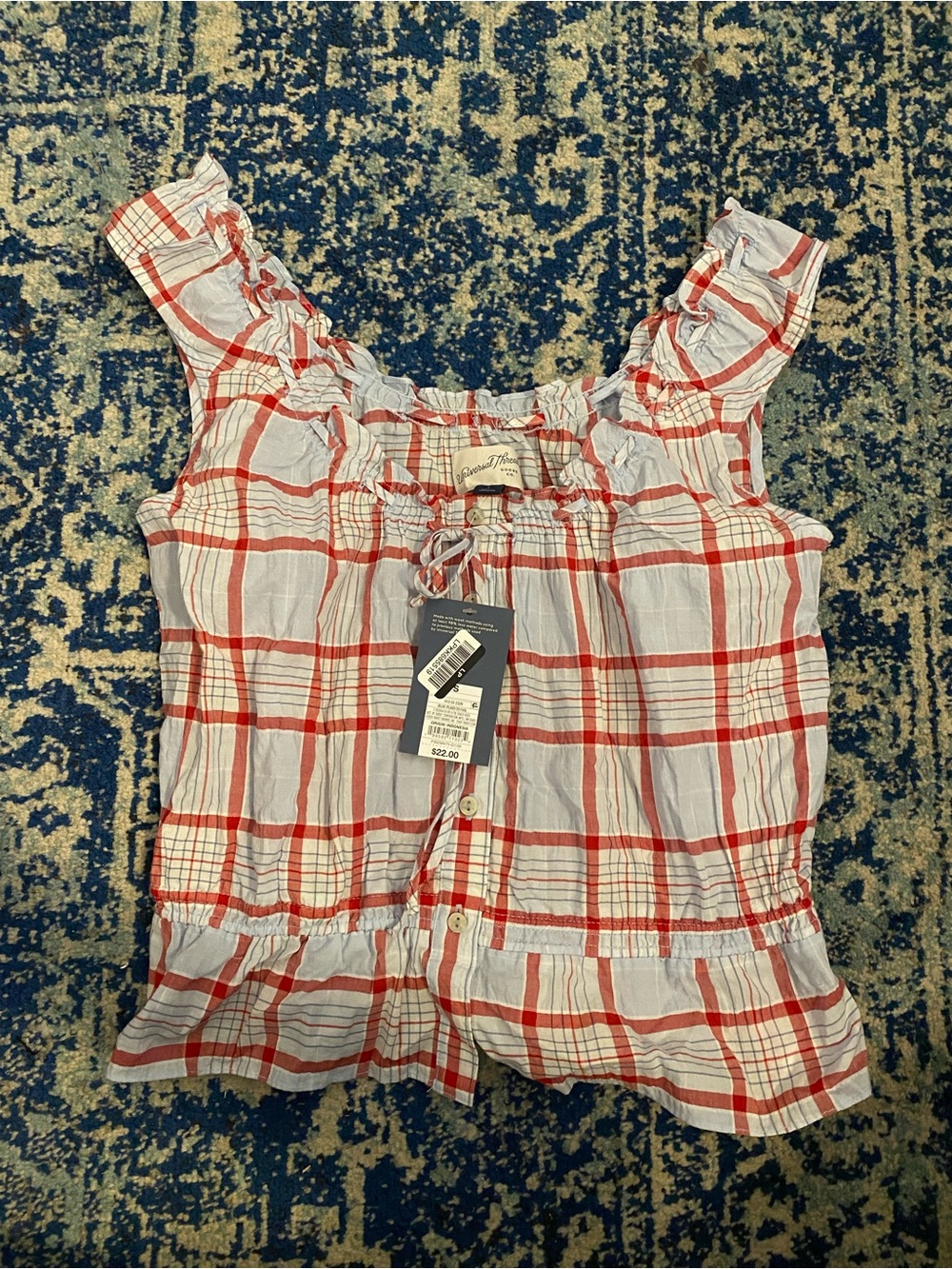 Universal Thread Red and White Plaid Ruffle Button Tank